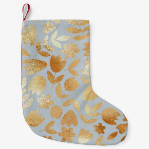 Meia De Natal Pequena Douradas flores, fundo azul, imitação de folhas.