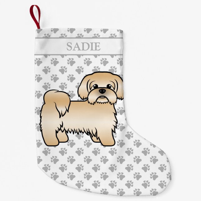 Meia De Natal Pequena Dourado Shih Tzu Cute Cartoon Cão e Nome (Frente)