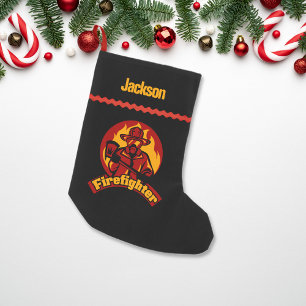Meia De Natal Pequena Dourado Vermelho Preto de Bombeiro