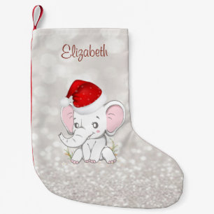 Meia De Natal Pequena Elefante Bebê Com Chapéu de Papai Noel, Bokeh Bril
