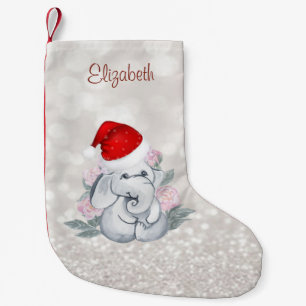 Meia De Natal Pequena Elefante Bebê Com Chapéu de Papai Noel, Flores, Bo
