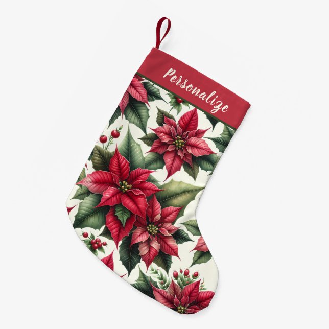 Meia De Natal Pequena Elegant Red Poinsettia Flowers Personalized (Frente (Pendurada))