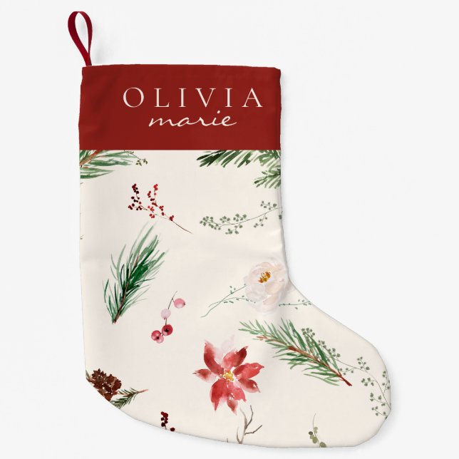 Meia De Natal Pequena Elegante Boho Poinsettia Pine Holly Names (Frente)