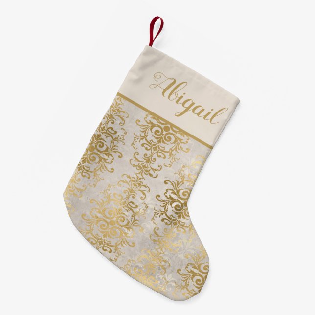 Meia De Natal Pequena Elegante Dourado Ivory Damask Personalizado (Frente (Pendurada))