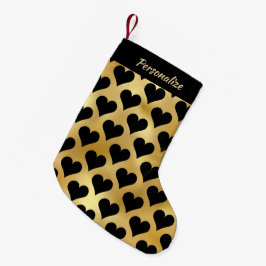 Meia De Natal Pequena Elegante Dourado Preto Corações Personalizado 