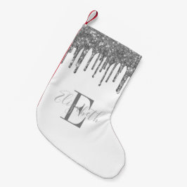 Meia De Natal Pequena Elegante Monograma Brilho Prata Gotas Branco