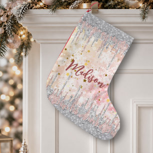 Meia De Natal Pequena Elegante rosa dourada prateada gotejando brilho