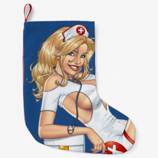 Meia De Natal Pequena Enfermeira loura no uniforme que levanta meias