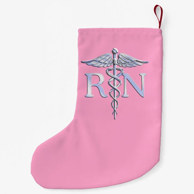 Meia De Natal Pequena Enfermeiro Registrado RN Caduceus em Pastel Pink (Verso)