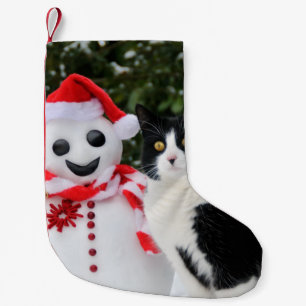 Meia De Natal Pequena Envoltório do Natal do gato e do boneco de neve do
