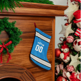 Meia De Natal Pequena Equipe de futebol azul, prata, preto e branco