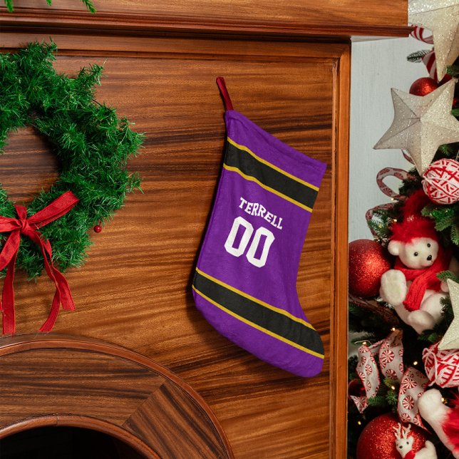 Meia De Natal Pequena Equipe de futebol roxo e negro personalizada (Criador carregado)