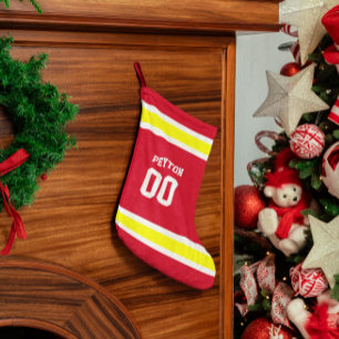 Meia De Natal Pequena Equipe de futebol vermelha, Dourada e branca perso