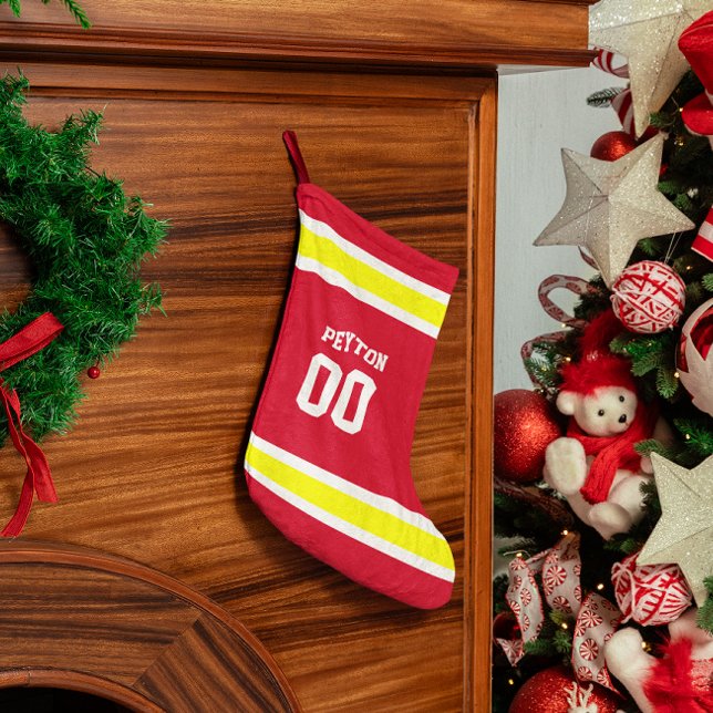 Meia De Natal Pequena Equipe de futebol vermelha, Dourada e branca perso (Criador carregado)