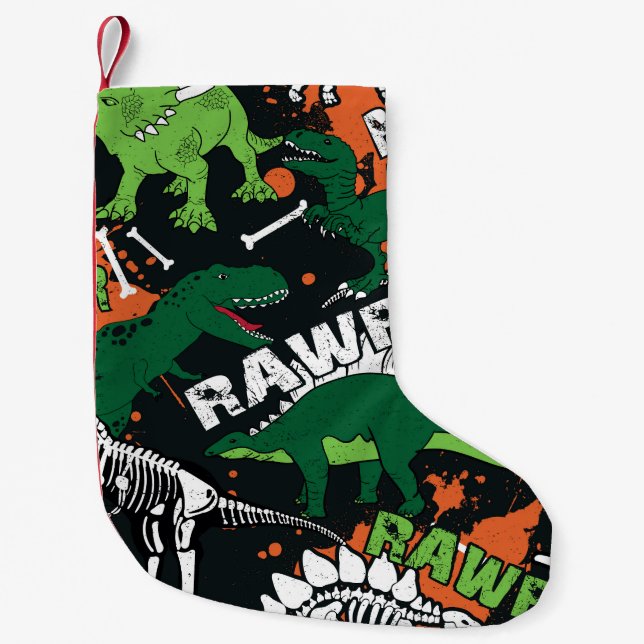 Meia De Natal Pequena Esqueleto de dinossauro, padrão perfeito. (Frente)