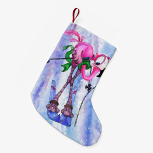 Meia De Natal Pequena Esquiador Flamingo Rosa Engraçado - Quadrinha de