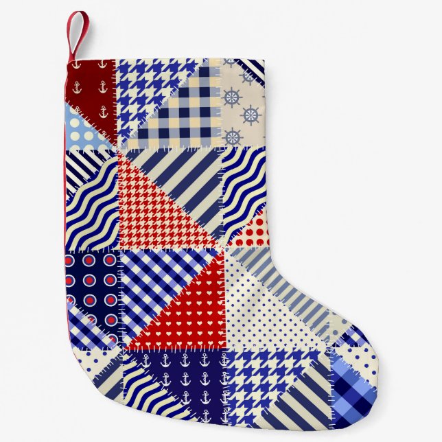 Meia De Natal Pequena Estilo Náutico Triângulo com Patchwork Retroativa (Frente)