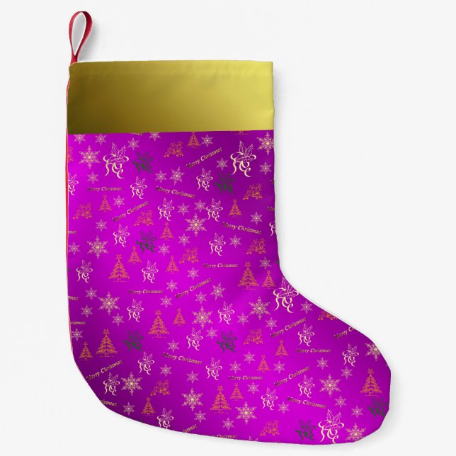 Meia De Natal Pequena estocagem de Natal rosa e ouro (Frente)