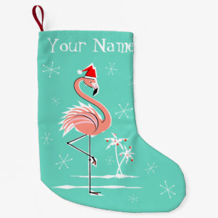 Meia De Natal Pequena Estoque do nome do flamingo do Natal frente e