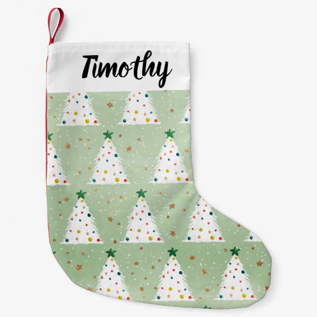 Meia De Natal Pequena Estrela Verde e Ornamentos de Árvores Xmas Brancas (Frente)