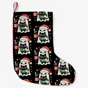 Meia De Natal Pequena Fantasma de Natal segurando gato de chapéu de Papa