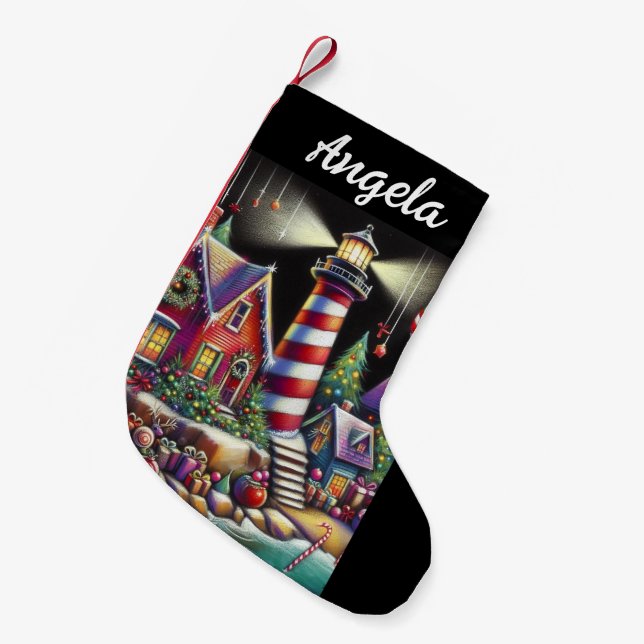 Meia De Natal Pequena Farol de Natal Whimsical Vermelho Rosa Púrpura (Frente (Pendurada))