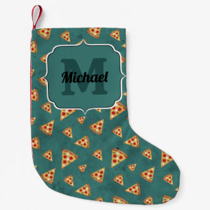Meia De Natal Pequena Fatias de pizza legais padrão vintage em verde-águ