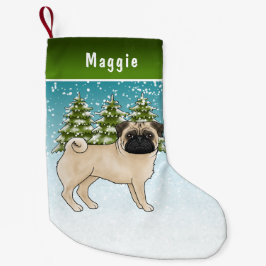 Meia De Natal Pequena Fawn Pug Cute Cartoon Dog Snowy Winter Forest