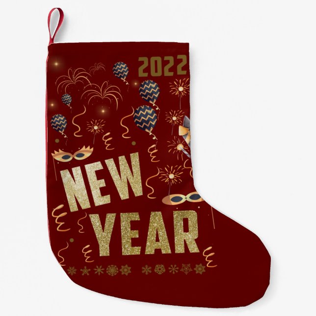Meia De Natal Pequena Feliz ano novo 2022, Glitter Dourado festivo (Frente)