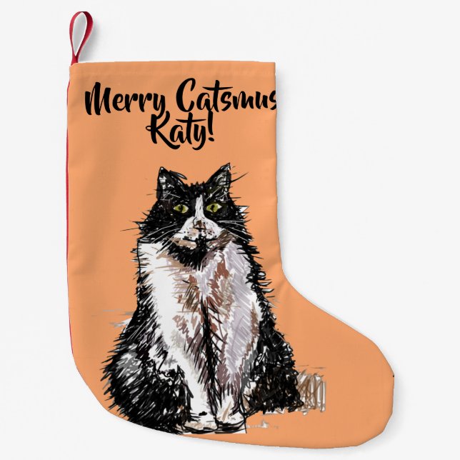 Meia De Natal Pequena Feliz de Gato Tuxedo Catsmus — Balança de Natal la (Frente)