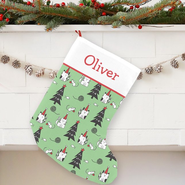 Meia De Natal Pequena Feliz Gato Verde e Branco (Criador carregado)