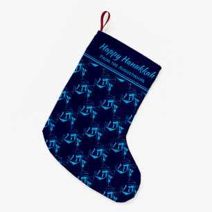 Meia De Natal Pequena FELIZ HANUKKAH Dreidel Personalizado AZUL CIANO