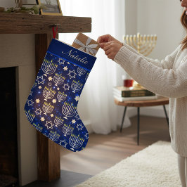 Meia De Natal Pequena Feliz Hanukkah Modern Menorah Nome Personalizado