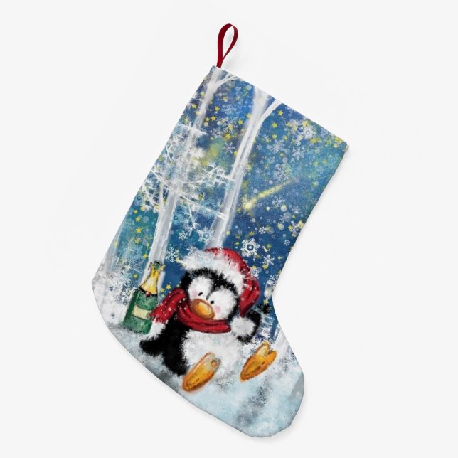 Meia De Natal Pequena Feliz Natal com Pinguim Feliz (Frente (Pendurada))