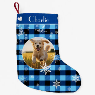Meia De Natal Pequena Feliz Natal Xadrez Azul Padrão Foto Personalizada