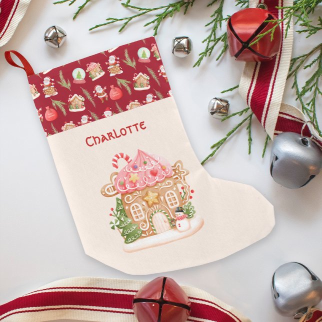 Meia De Natal Pequena Feriado da Casa Gingercake de Papais noeis persona (Personalize Santa Gingerbread House Holiday Small Christmas Stocking)