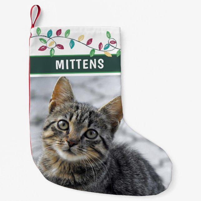 Meia De Natal Pequena Feriado de Cód. Gato Bonito Aquarela Luz Verde (Frente)