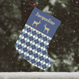 Meia De Natal Pequena Feriado de padrão Argyle e Reindeer de ouro