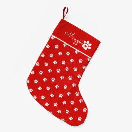 Meia De Natal Pequena Festive Dog Paw Print  Custom Name