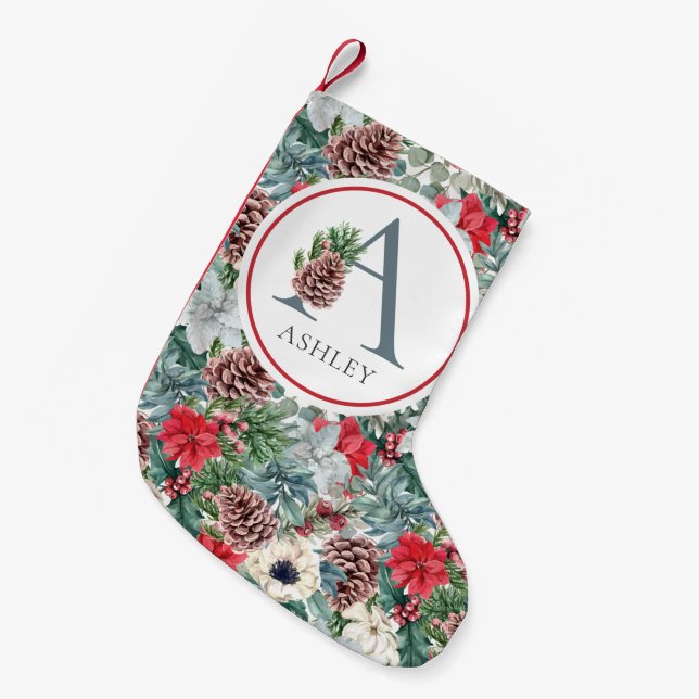Meia De Natal Pequena Festivo Foliage Foliday Floral Nome Personalizado  (Frente (Pendurada))