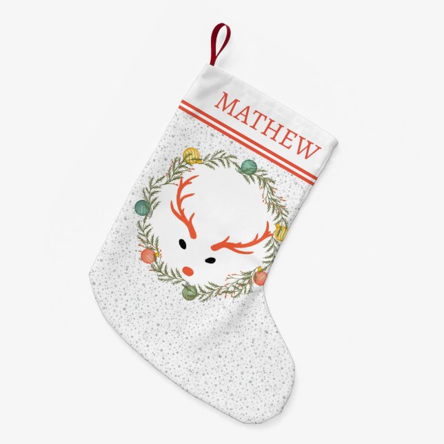 Meia De Natal Pequena Festivo Wreath & Reindeer Com Feriado Monograma (Frente (Pendurada))