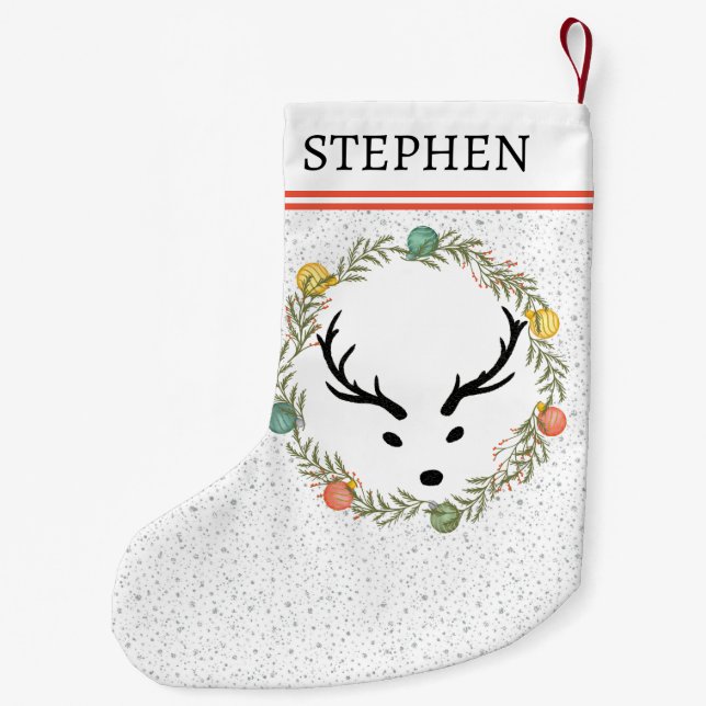 Meia De Natal Pequena Festivo Wreath & Reindeer Com Feriado Monograma (Verso)