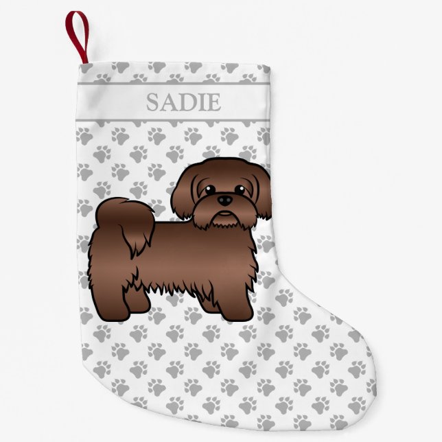 Meia De Natal Pequena Fígado Brown Shih Tzu Cute Cartoon Cão e Nome (Frente)
