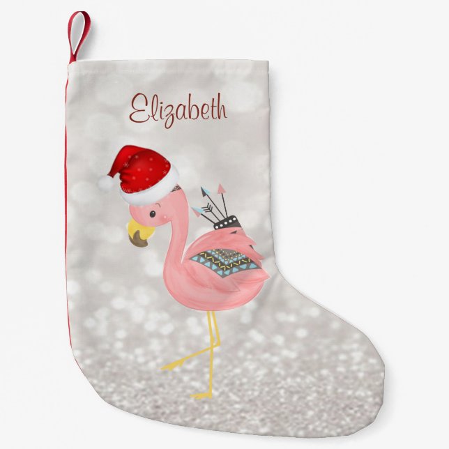 Meia De Natal Pequena Flamingo Rosa Boho Com Chapéu de Papai Noel, Bokeh (Frente)