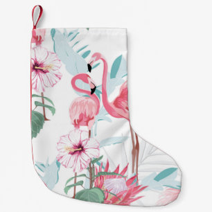 Meia De Natal Pequena Flamingo rosa e flores exóticas, folhas de palma,