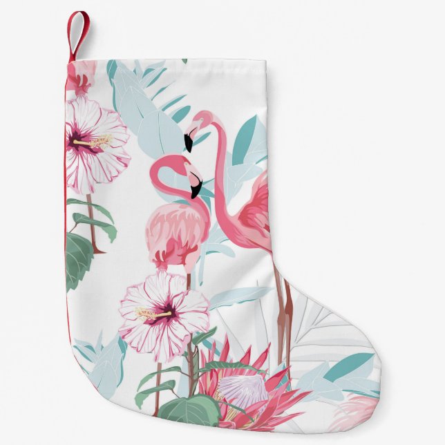Meia De Natal Pequena Flamingo rosa e flores exóticas, folhas de palma,  (Frente)