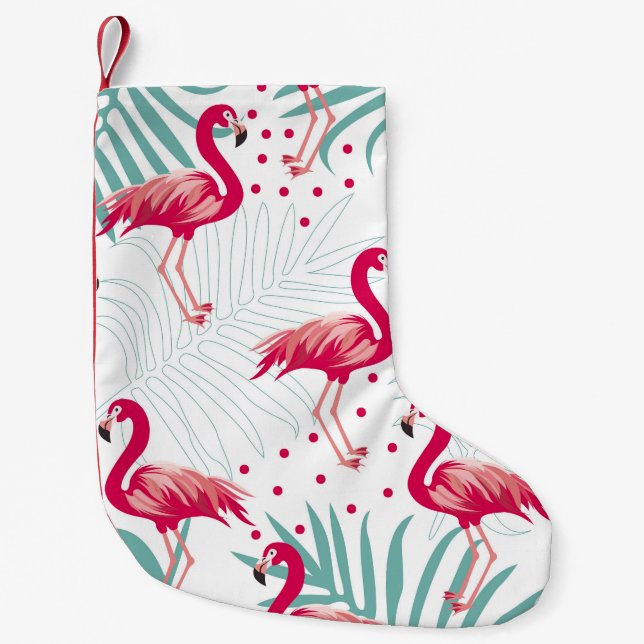 Meia De Natal Pequena Flamingo tropical e folhas, padrão de verão. (Frente)