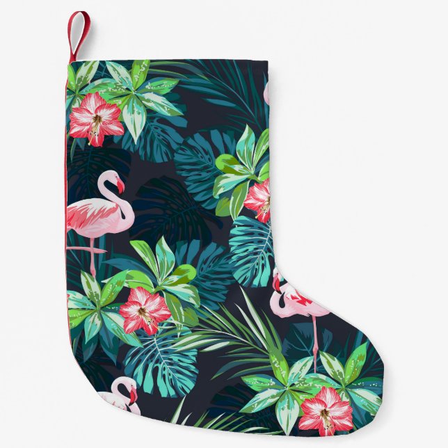 Meia De Natal Pequena Flamingo Tropical: Padrão de Flores de Verão (Frente)