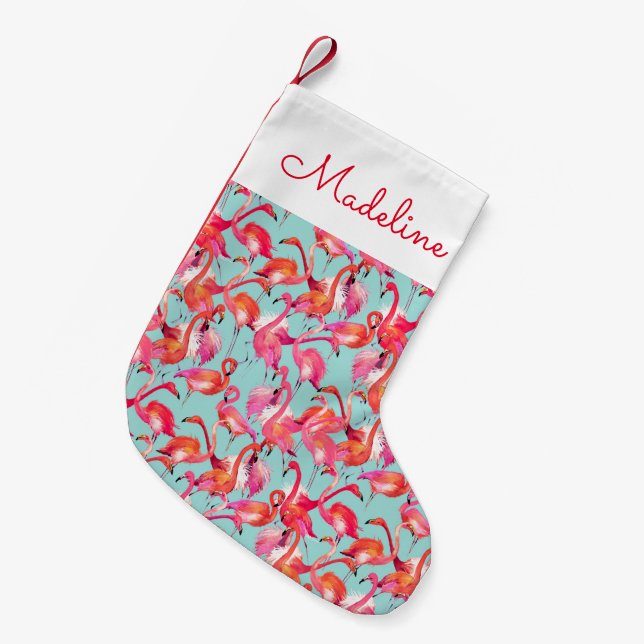 Meia De Natal Pequena Flamingos de Aquarela Coletados| Adicione Seu Nome (Frente (Pendurada))