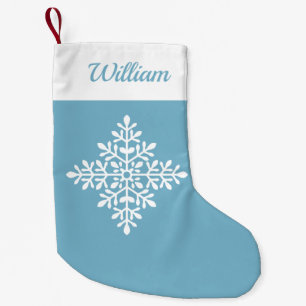 Meia De Natal Pequena Floco de Neve Branco Decorativo em Azul Claro e No